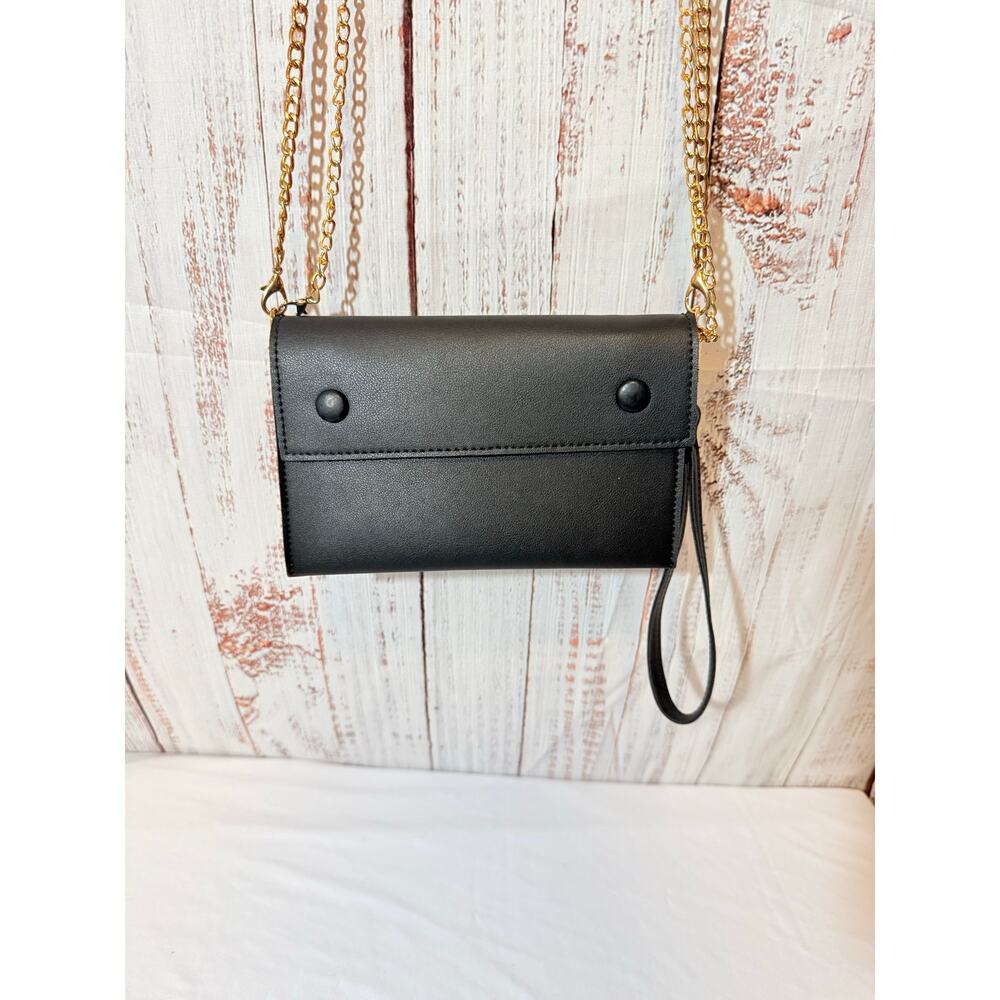 Melie Bianco Black Crossbody Wallet Clutch Gold Chain Vegan Leather Purse